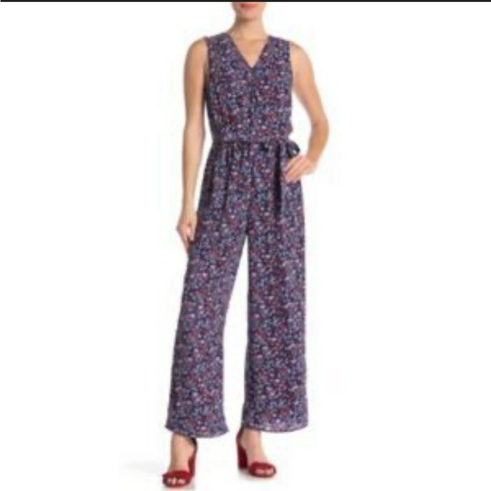 Navy Blue Floral Jumpsuit with Purple and Red Microflowers Size Large